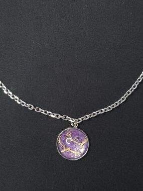Silver Cable Chain Botanical Pendant Necklace Purple Gold Kintsugi Art 12”